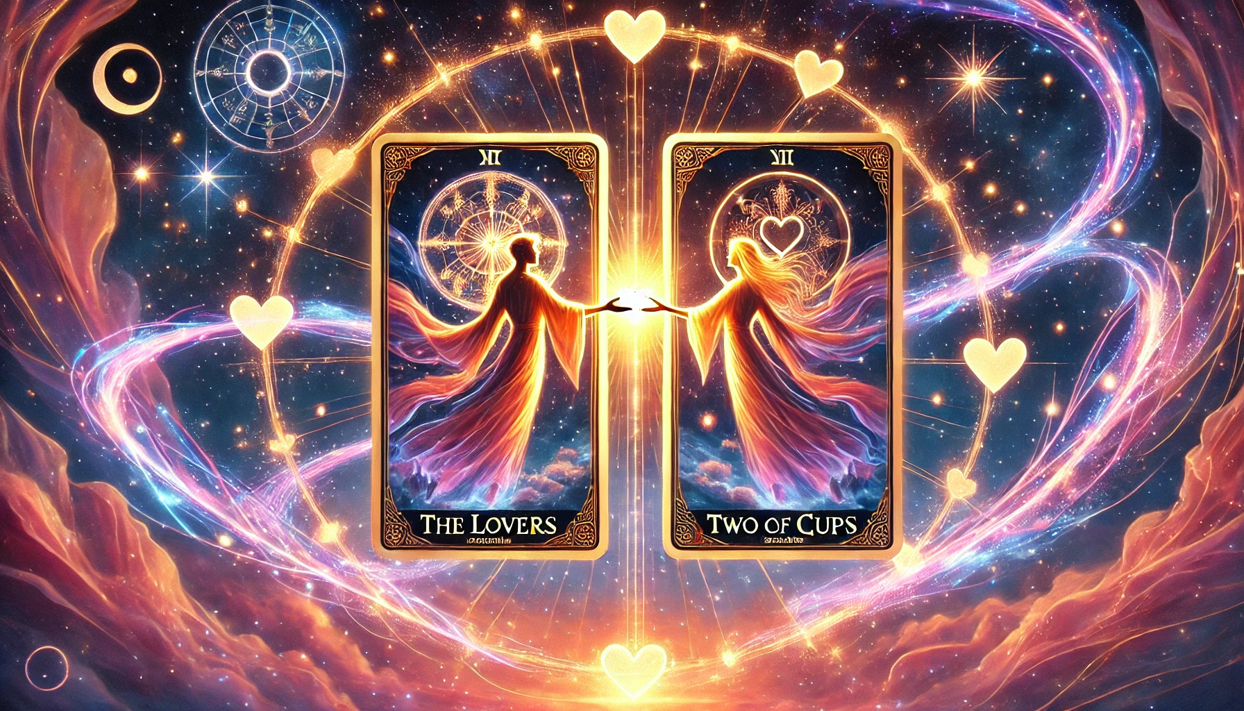 Mystical Tarot Card Reading for Twin Flames and Soulmates – Two glowing tarot cards, The Lovers and Two of Cups, intertwined with cosmic energy, with ethereal figures reaching out across a celestial bridge against a backdrop of zodiac symbols.